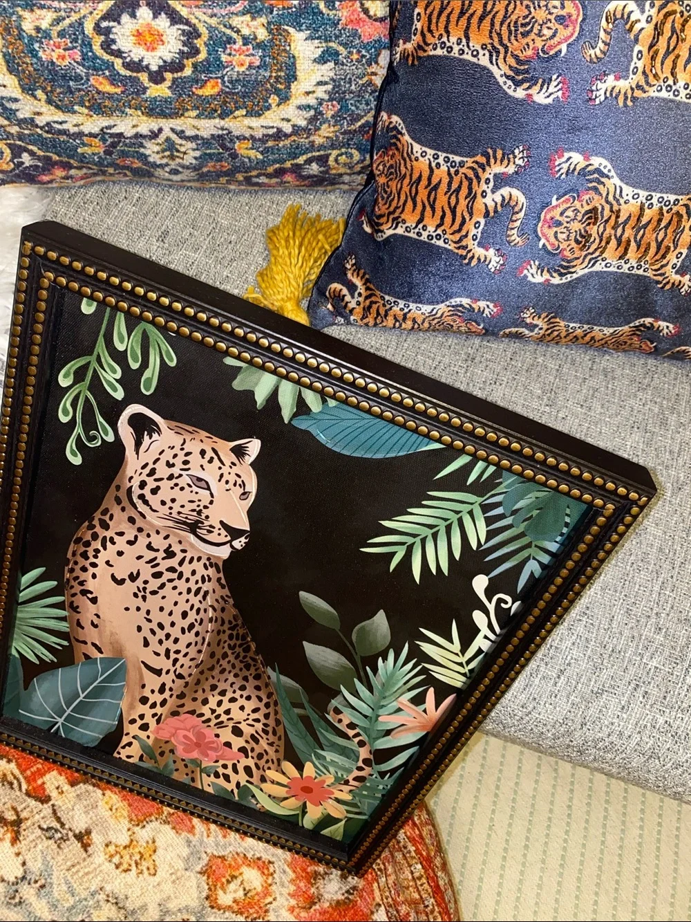 Framed Tan Leopard Jungle Print with Green Foliage